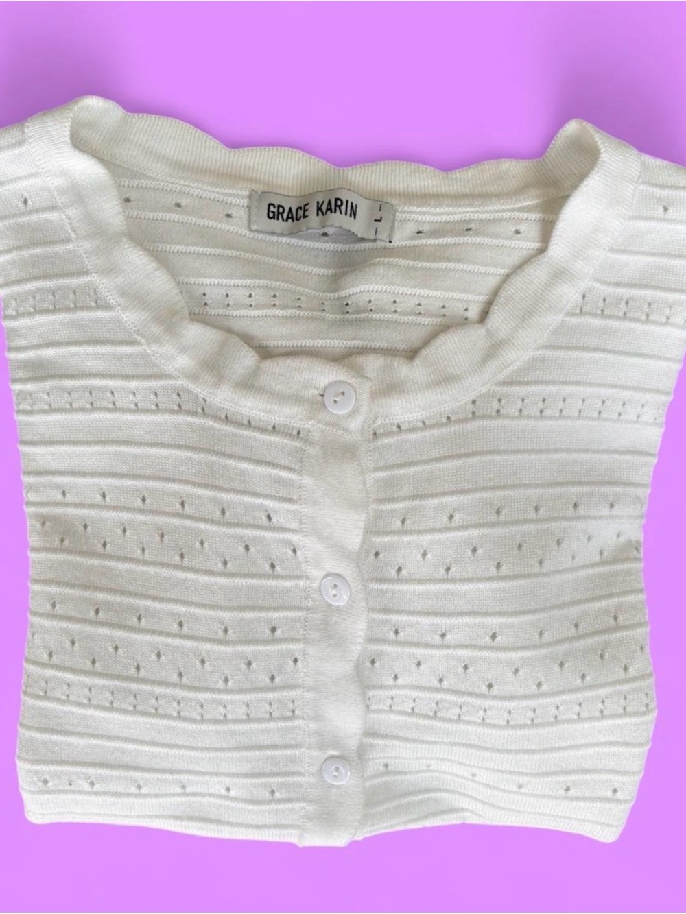 Grace Karin White Eyelet Knit Button Cardigan